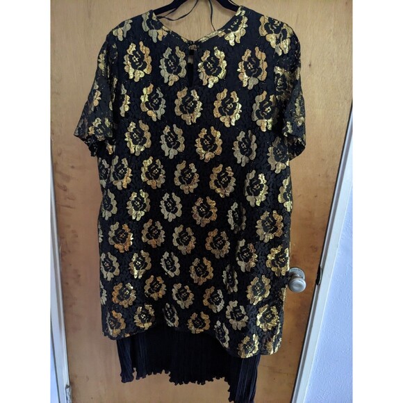 Sandi Dee Vintage Black Gold Floral Flapper Style Ruffle Hem Dress Size 20 1/2 - Picture 2 of 9